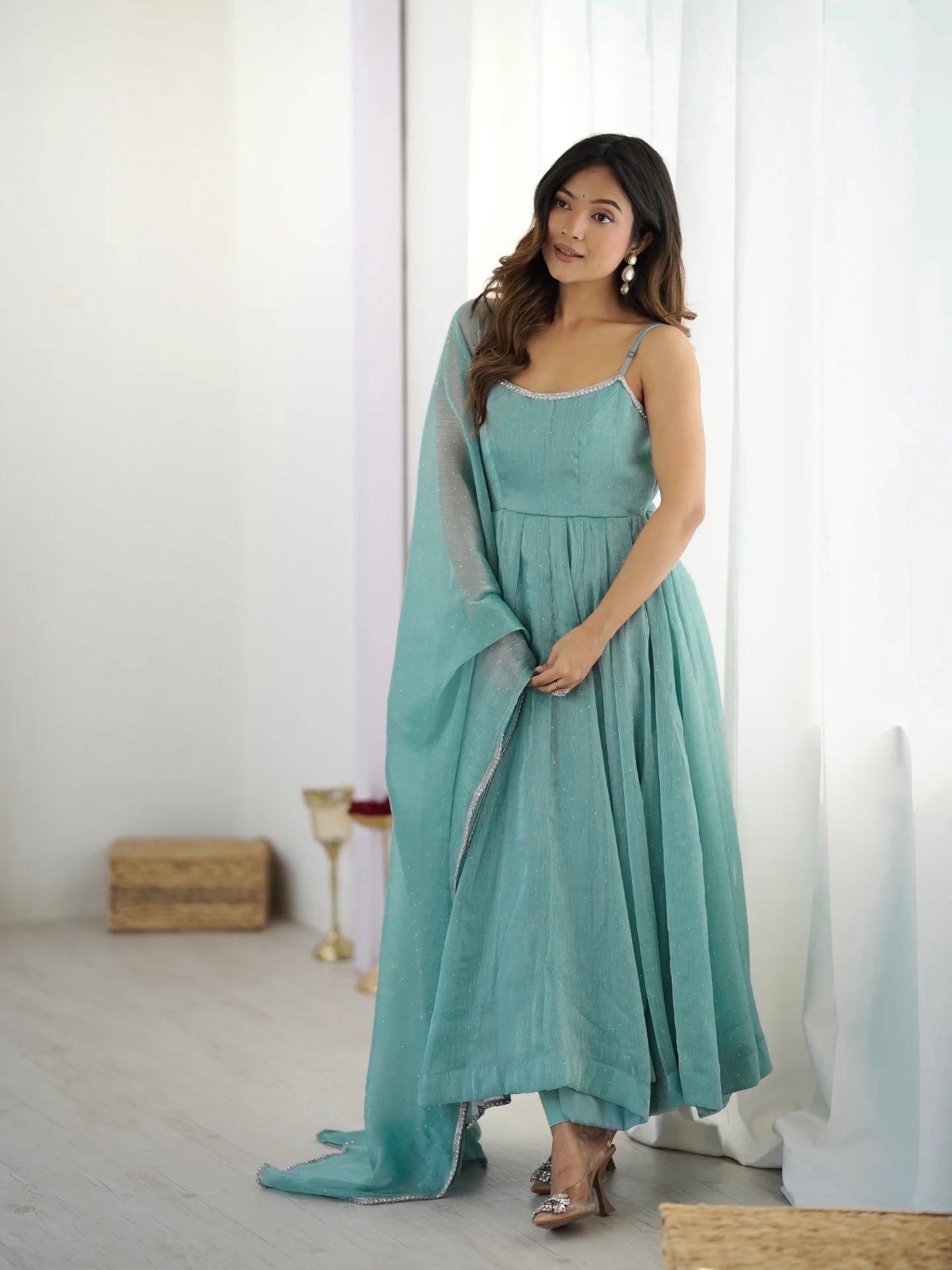 Premium Crunchy Silk Anarkali Gown Set with SiroSki Work, Dupatta & Pant
