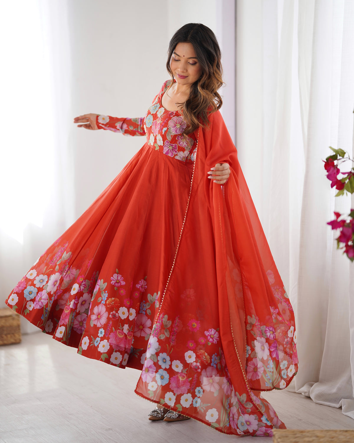 Premium Organza Silk Printed Anarkali Suit Set with Badla Jari & Gota Patti Work