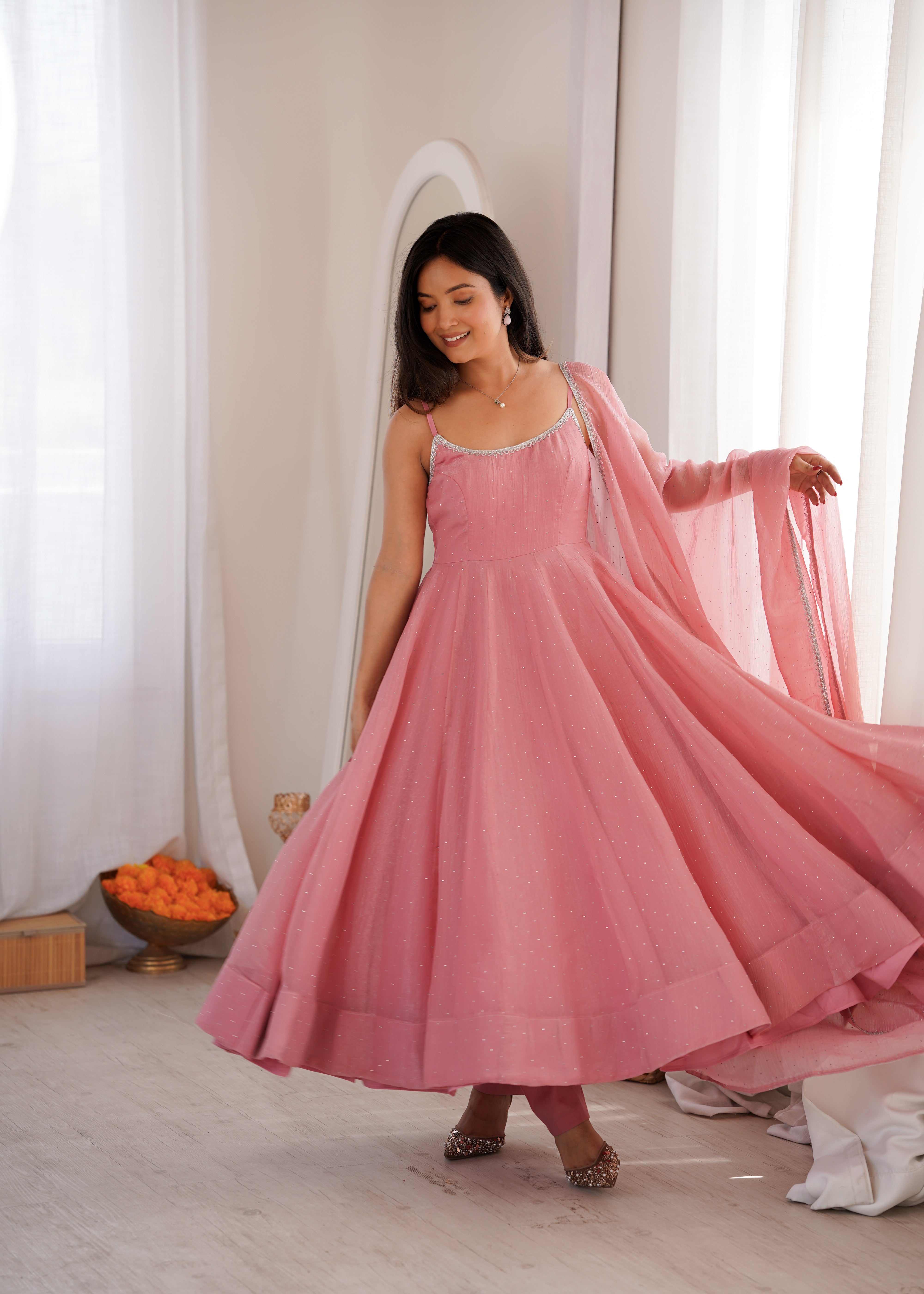 Premium Crunchy Silk Anarkali Gown Set with SiroSki Work, Dupatta & Pant