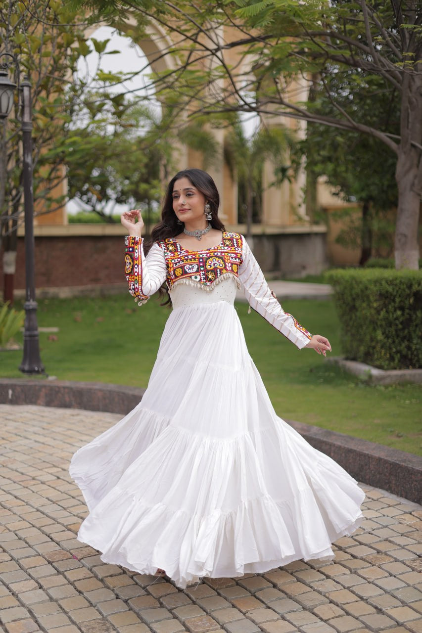 Premium Rayon Navratri Gown with Mukaish, Gamthi Embroidery, Mirror & Gota Patti Work