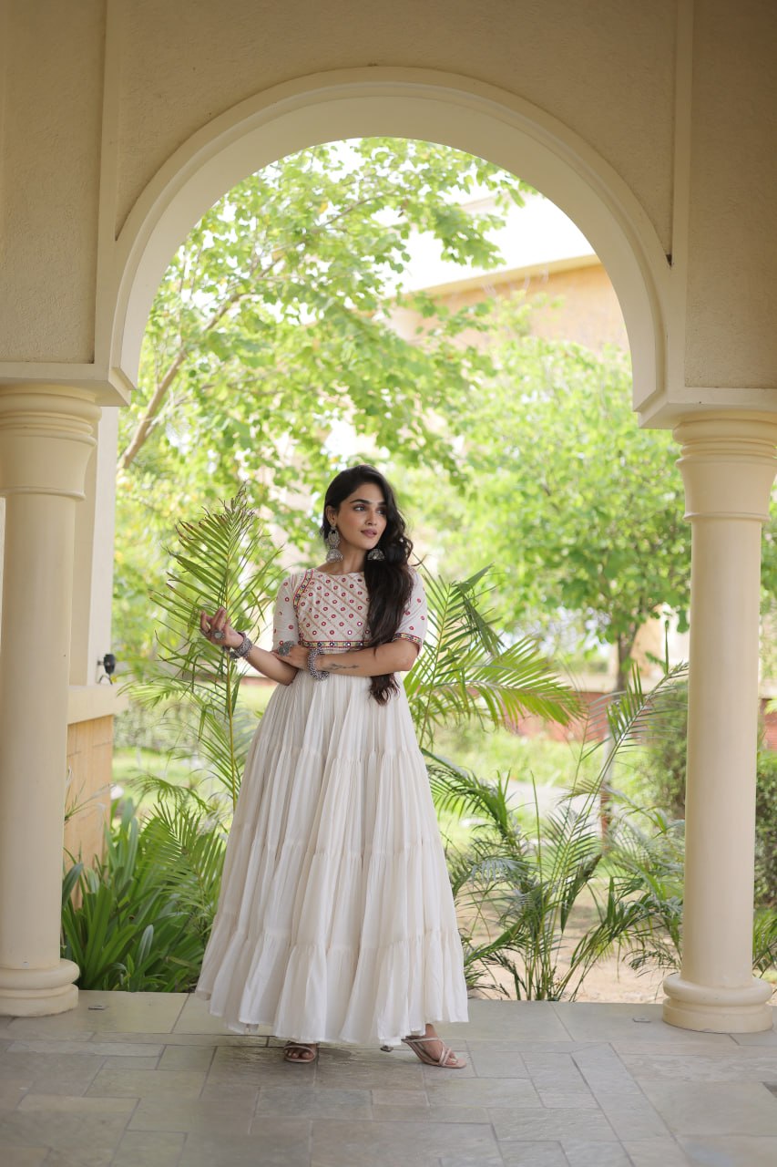 Premium Kora Cotton Embroidered Navratri Gown with Gota Patti & Mirror Work | ByRavina