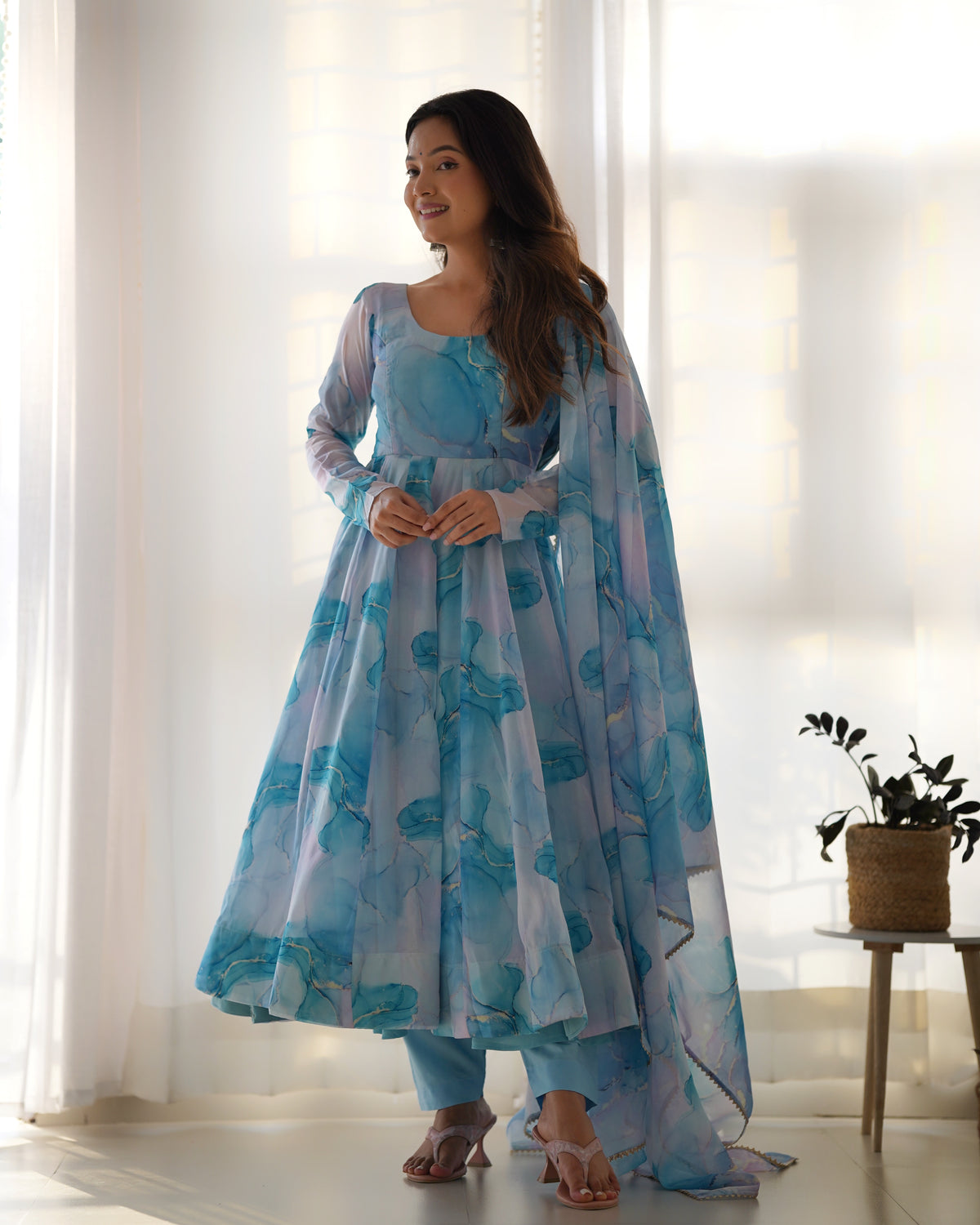 Premium Organza Silk Marble Print Anarkali Gown with Kali Flare, Canvas Patta & Gota Patti Dupatta