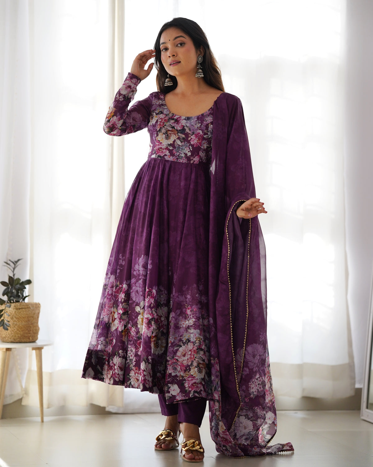Premium Organza Silk Printed Anarkali Gown with Kali Flare, Canvas Patta & Gota Patti Dupatta