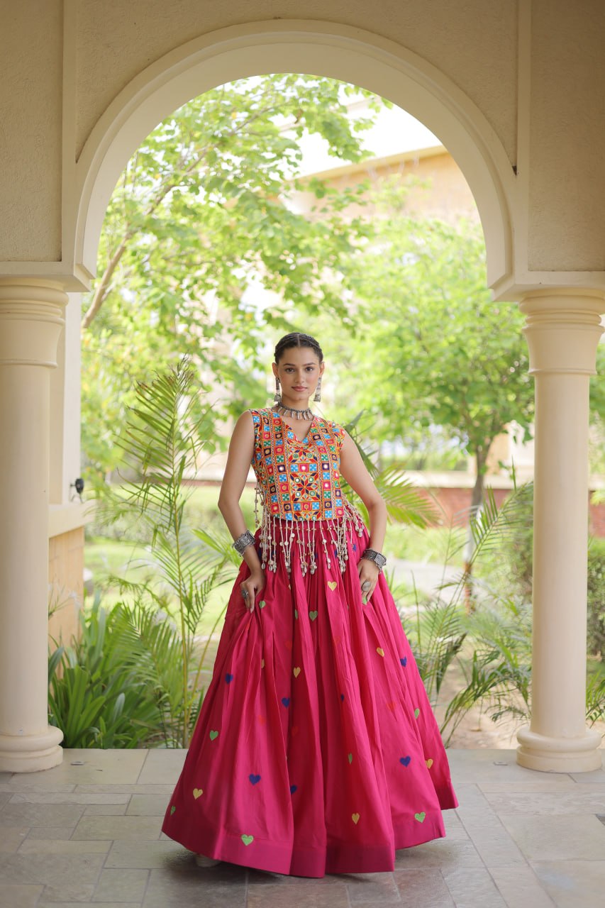 Premium Cora Cotton Navratri Lehenga Choli with Heart Thread Embroidery & Gamthi Mirror Work