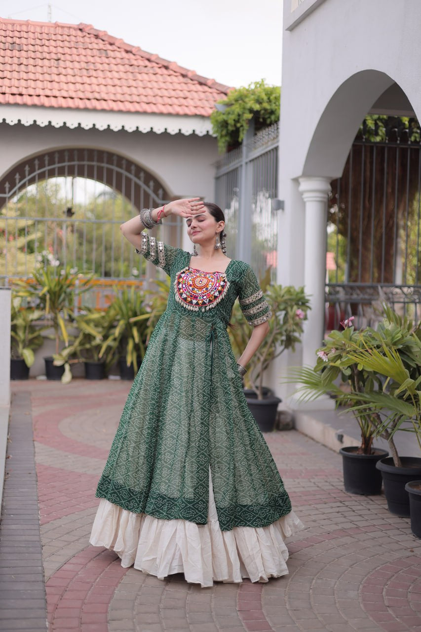 Premium Kora Cotton Navratri Lehenga with Bandhani Print & Kutchi Patchwork Kurti