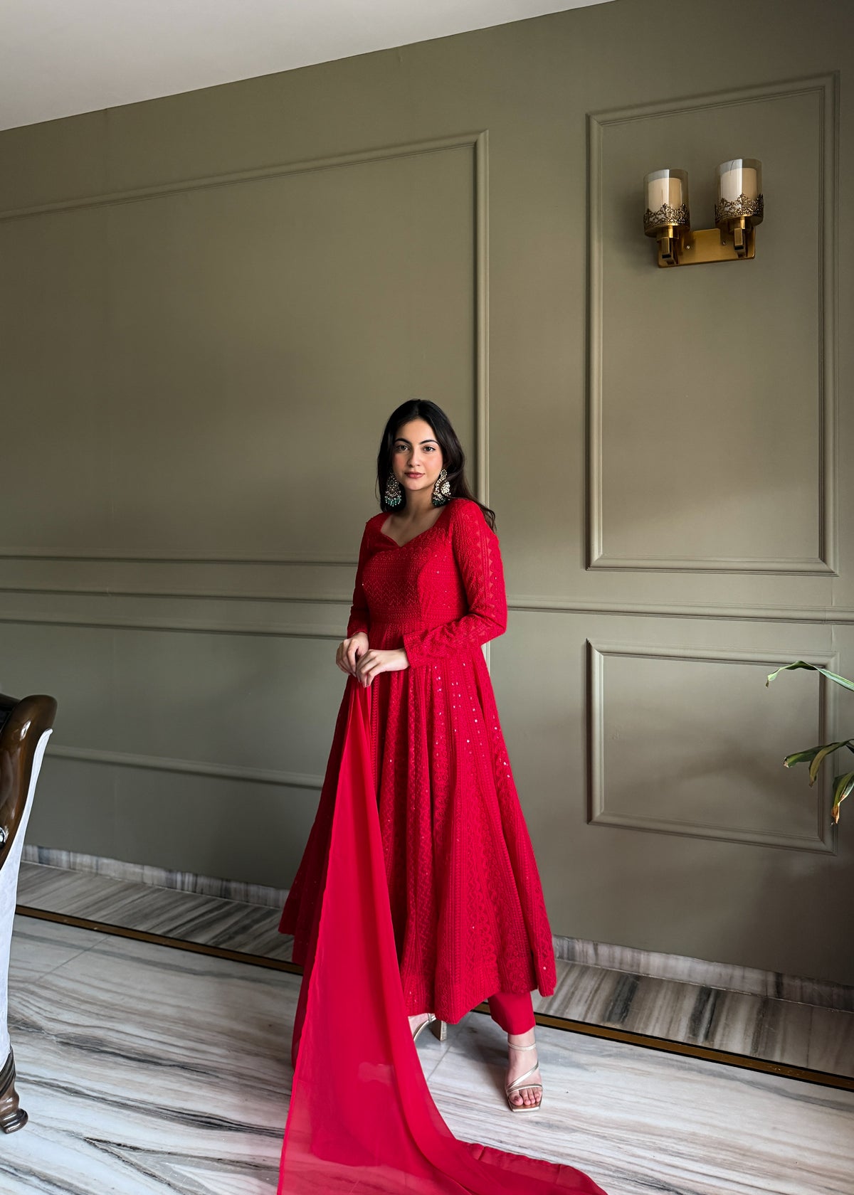 Premium Lukhnowi Fox Georgette Anarkali Suit Set with Sequin & Thread Work