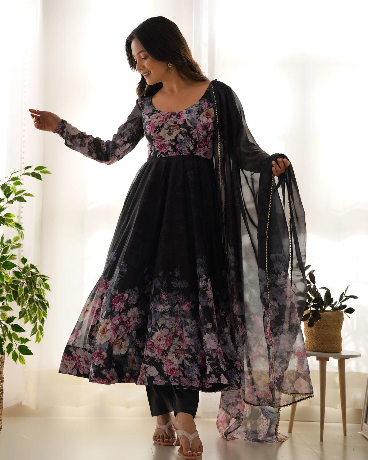 Premium Organza Silk Printed Anarkali Gown with Kali Flare, Canvas Patta & Gota Patti Dupatta