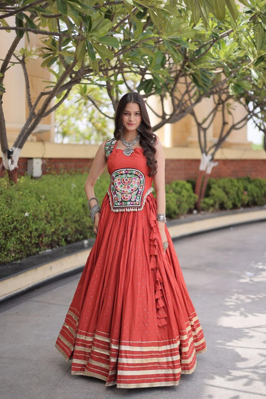 Reyon Navratri Lehenga Choli with Mukesh & Gamthi Mirror Work