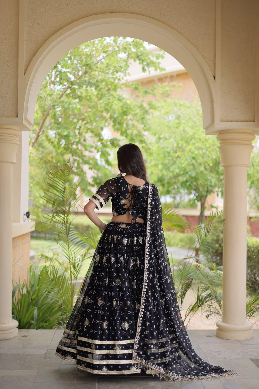 Premium Faux Georgette Bandhej Print Lehenga Choli with Embroidery & Dupatta