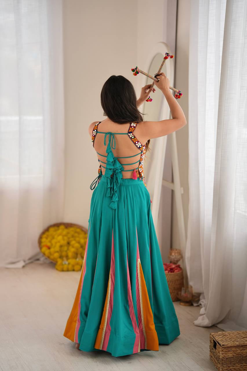 Premium Heavy Rayon Lehenga Choli with Fancy Lagdi Patta Lace & Real Mirror Work
