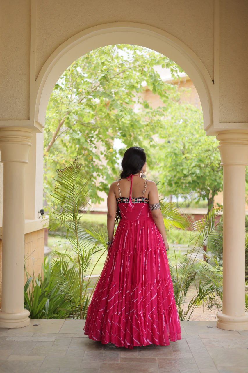 Premium Faux Georgette Navratri Gown with Laheriya Print & Kutchi Patchwork
