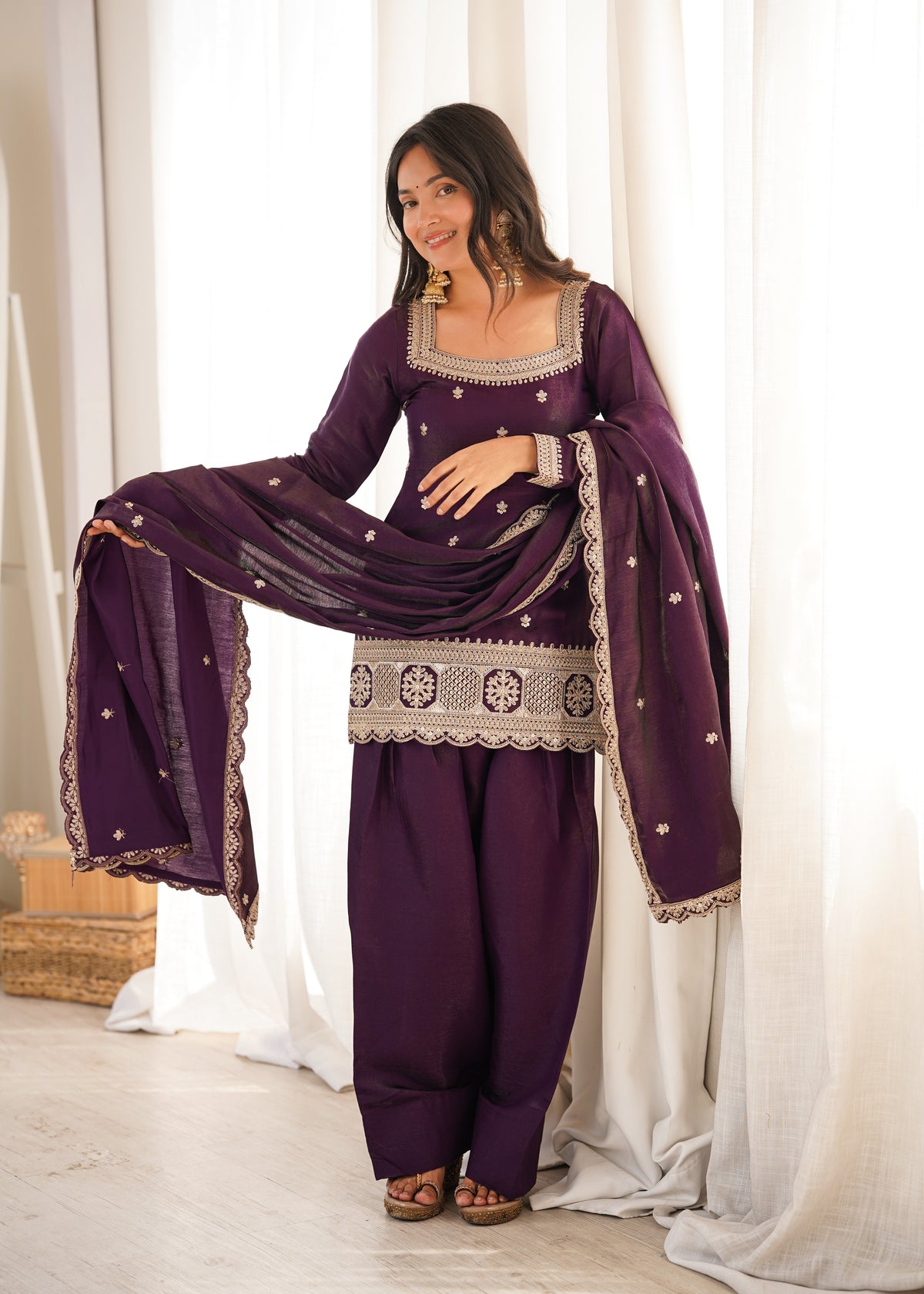 Premium Glass Roman Silk Top & Farshi Shalwar Set with Embroidery, Sequin, Dori & Jari Work