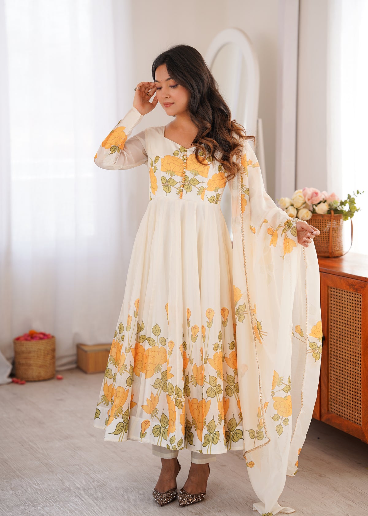 Premium Organza Silk Floral Printed Anarkali Suit Set with Potli Design & Gota Patti Dupatta