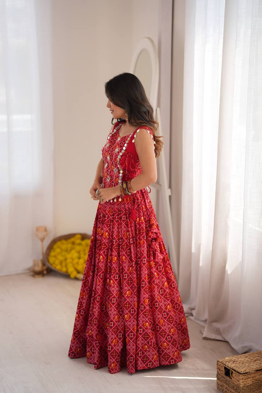 Premium Heavy Rayon Digital Print Lehenga Choli with Embroidered Mirror Work Koti