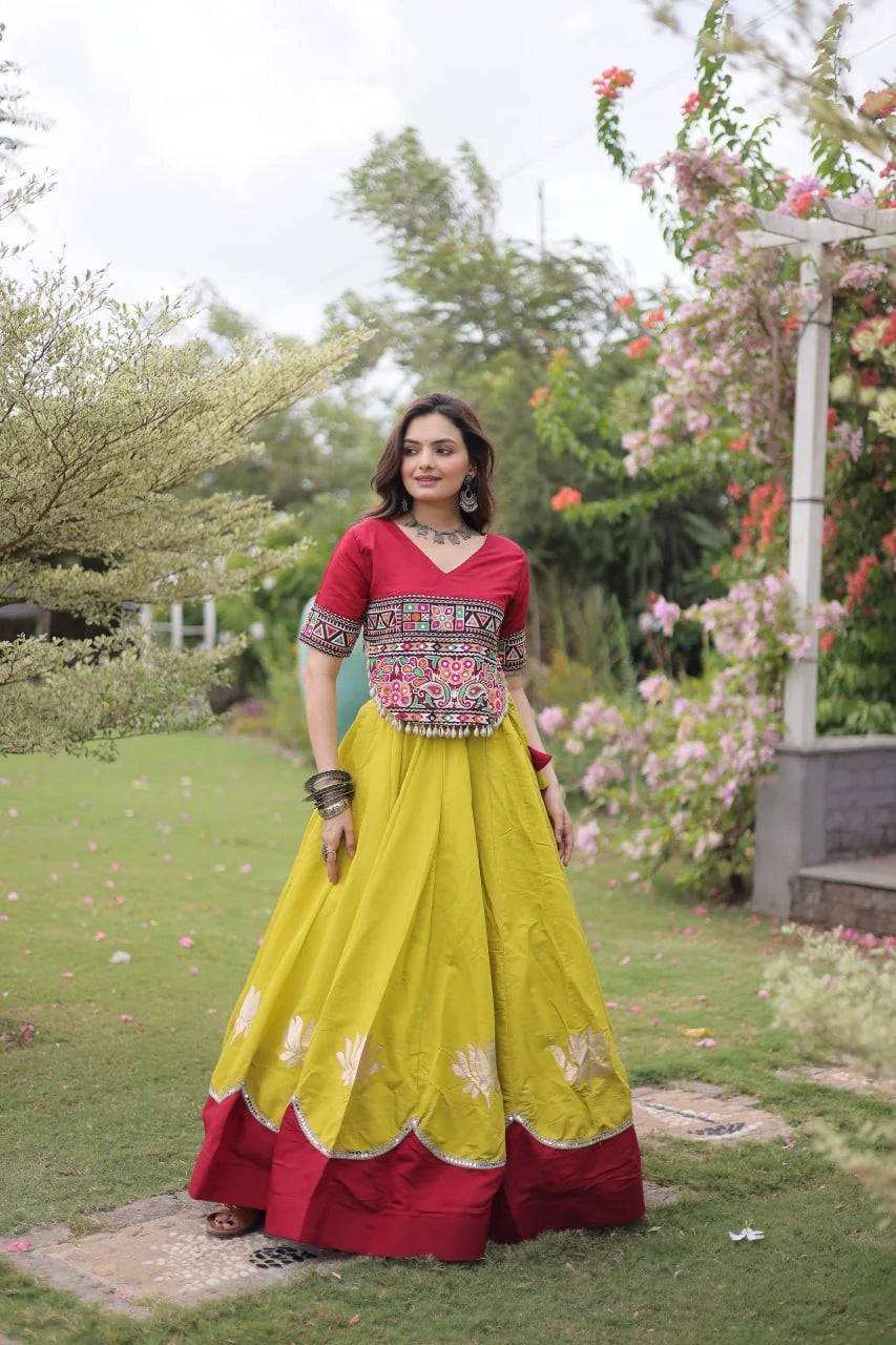 Premium Roman Fabric Navratri Lehenga Choli with Gota & Mirror Work