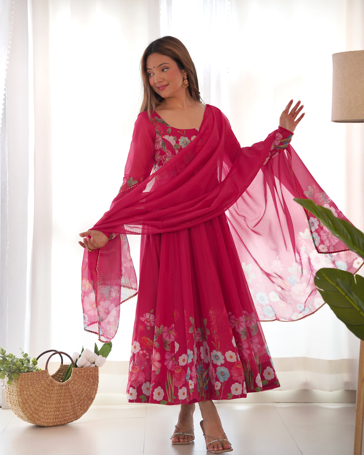 Premium Organza Silk Printed Anarkali Suit Set with Badla Jari & Gota Patti Work
