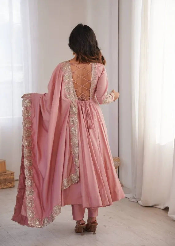 Premium Roman Silk Anarkali Gown with Embroidery & Sequin Work