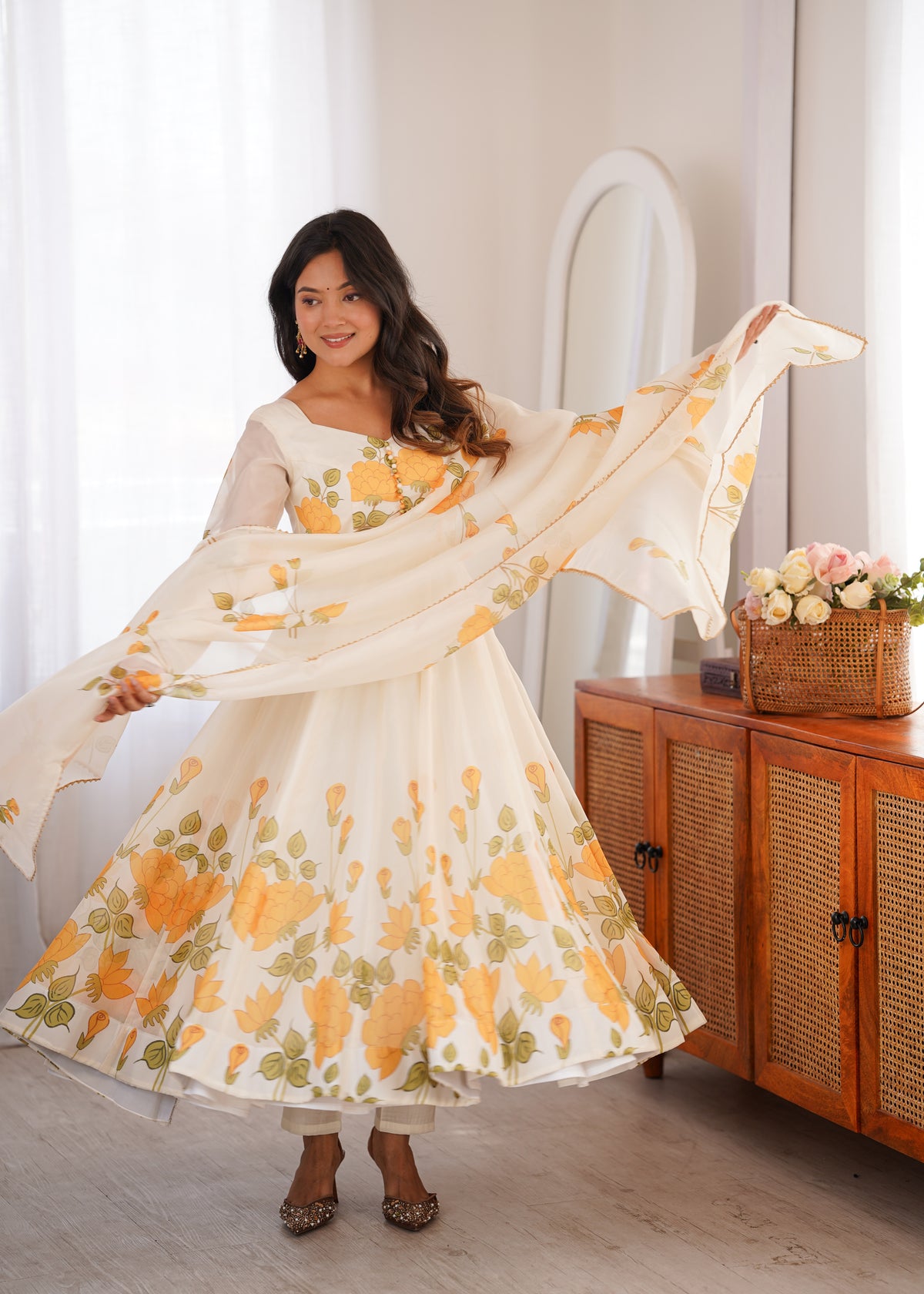 Premium Organza Silk Floral Printed Anarkali Suit Set with Potli Design & Gota Patti Dupatta