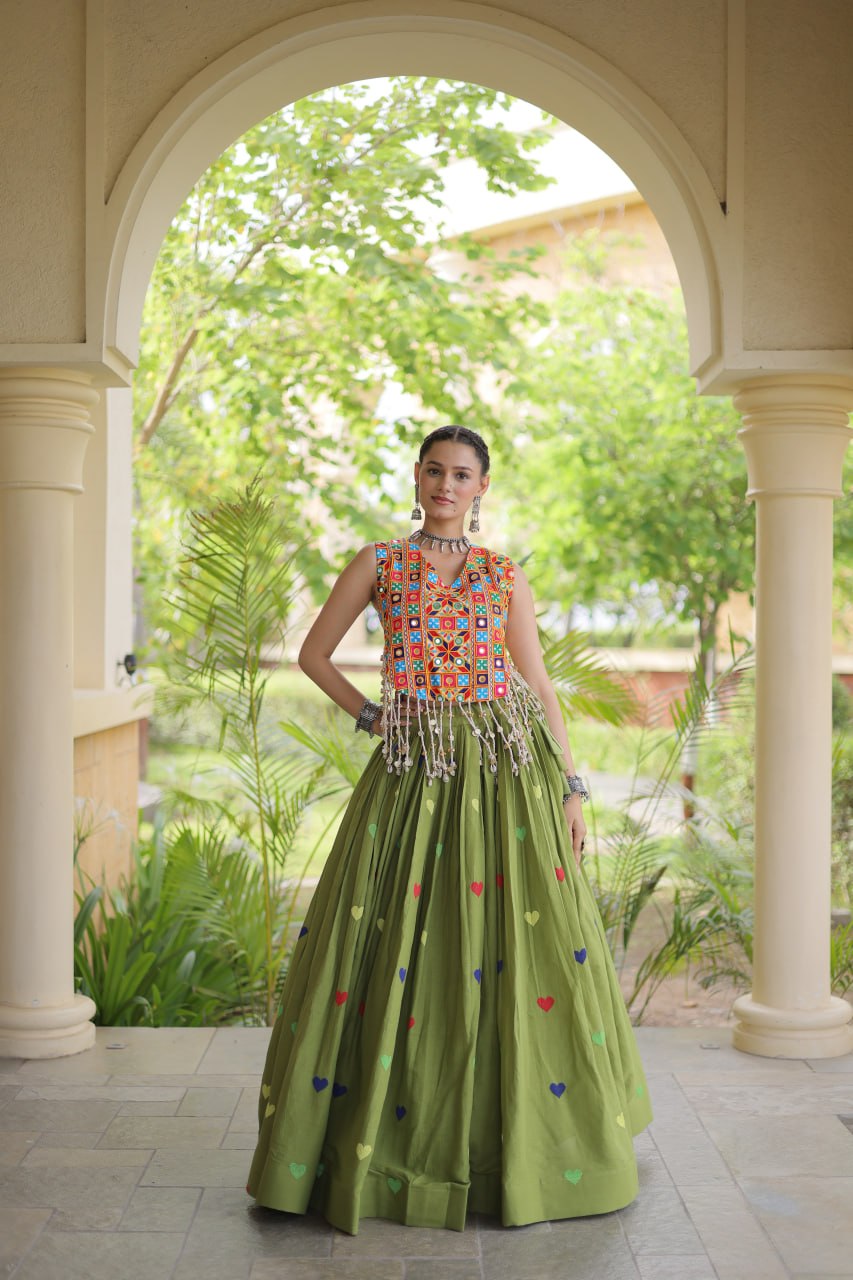 Premium Cora Cotton Navratri Lehenga Choli with Heart Thread Embroidery & Gamthi Mirror Work