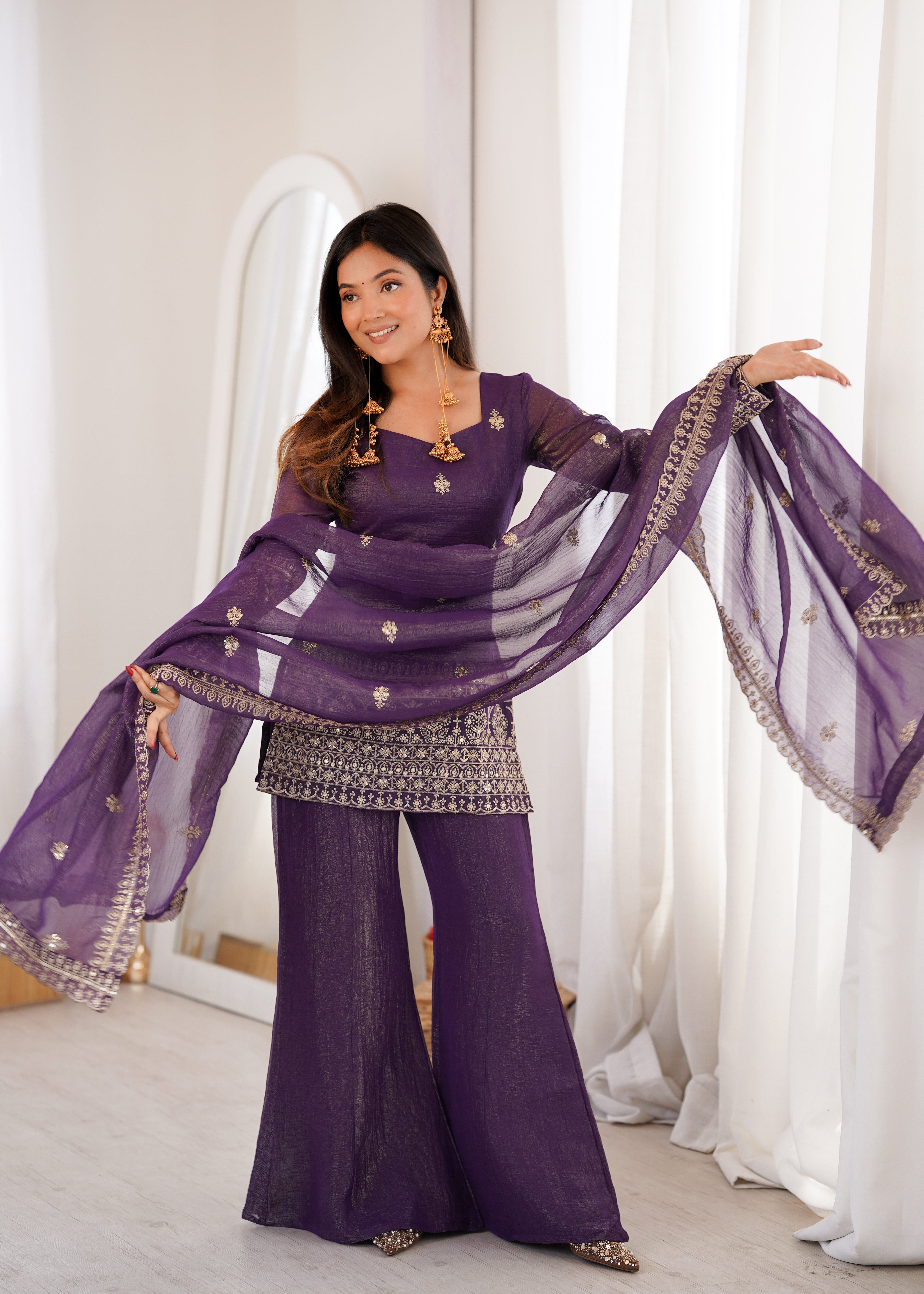 Premium Crunchy Silk Embroidered Bell Bottom Set