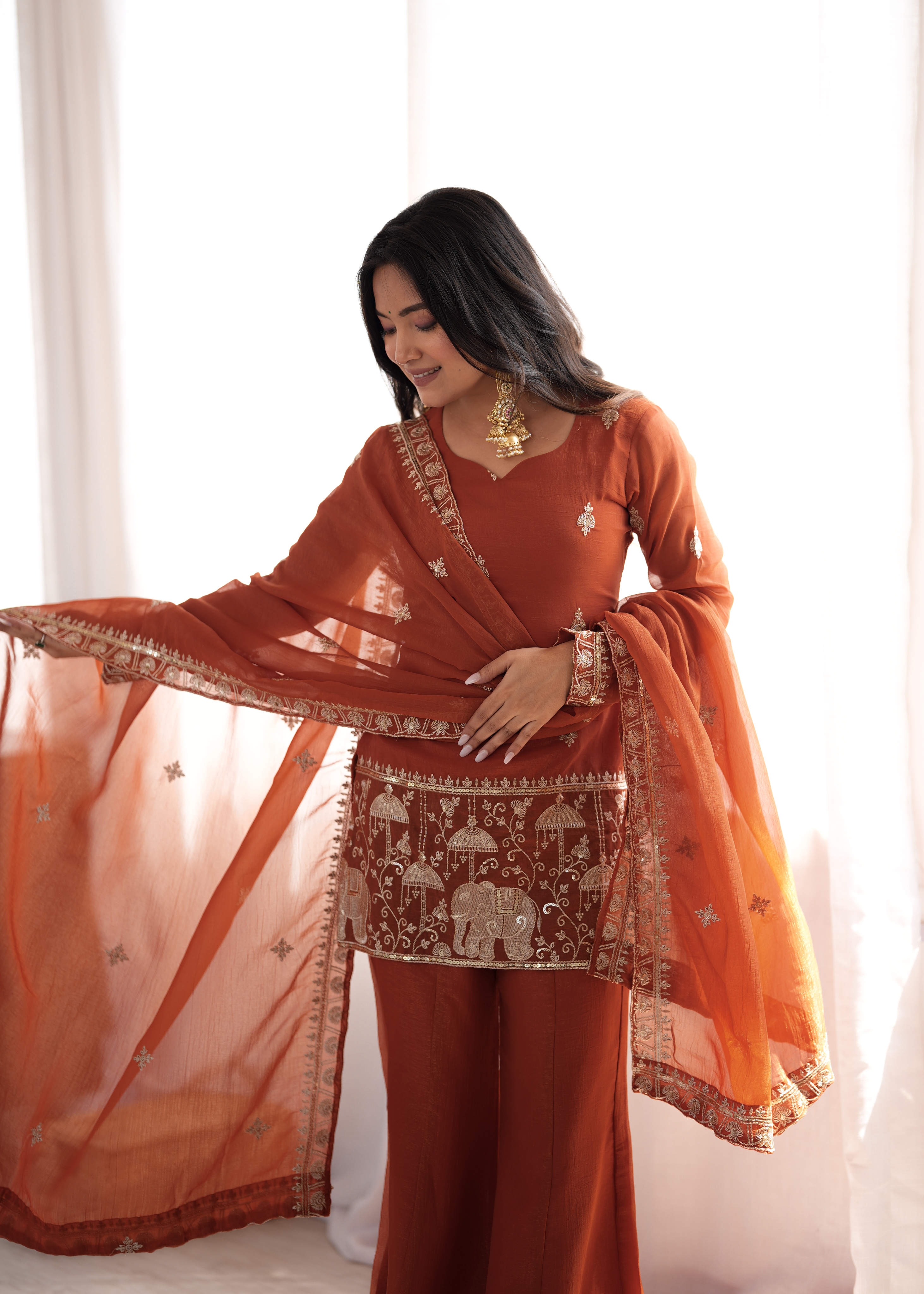 Premium Crunchy Silk Embroidered Bell Bottom Set