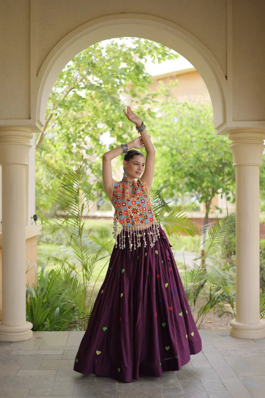 Premium Cora Cotton Navratri Lehenga Choli with Heart Thread Embroidery & Gamthi Mirror Work