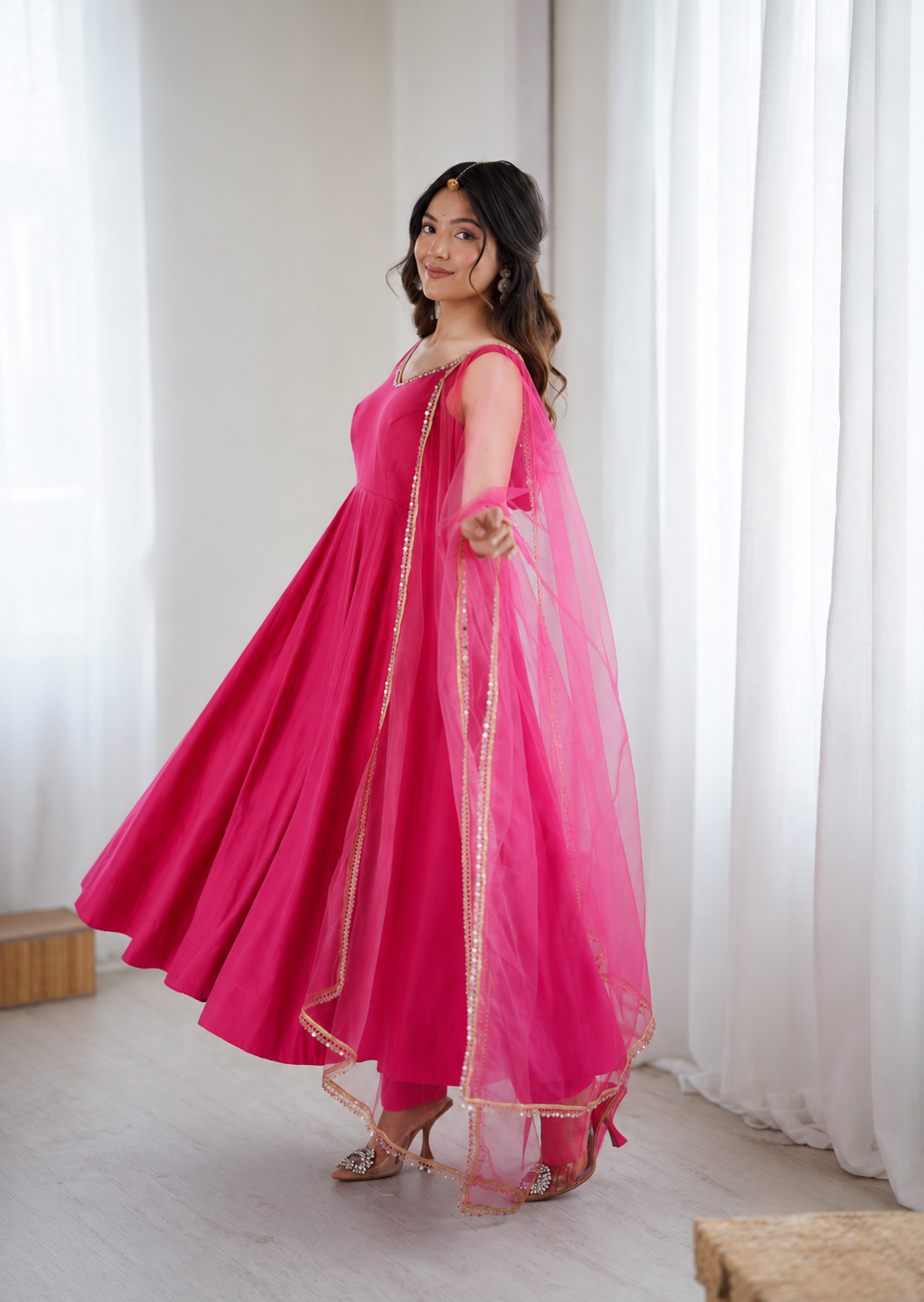 Premium Pure Romansilk Chanderi 4 Meter Flared Anarkali Gown Set