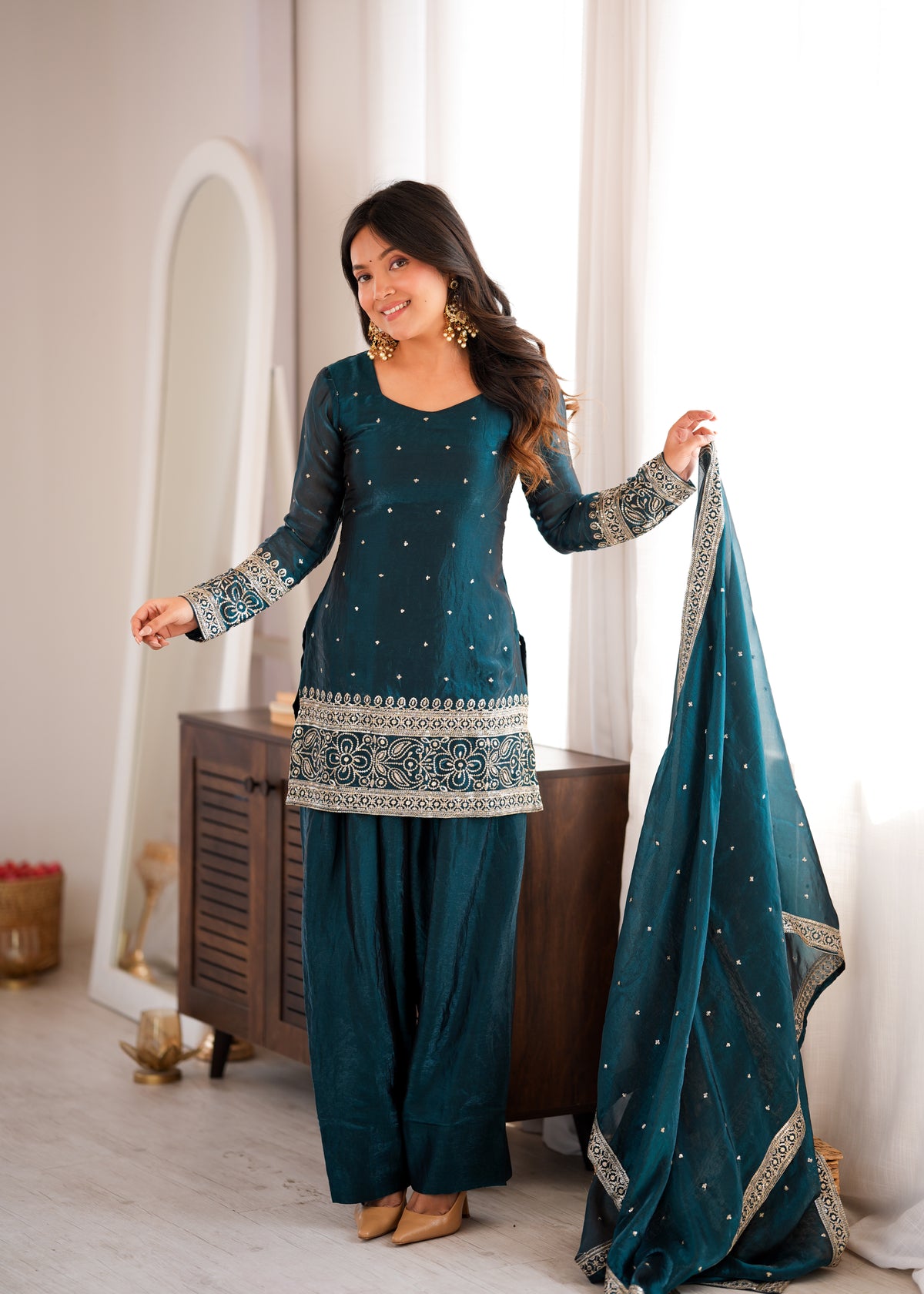 Premium Heavy Fendy Silk Embroidered Farshi Shalwar Set