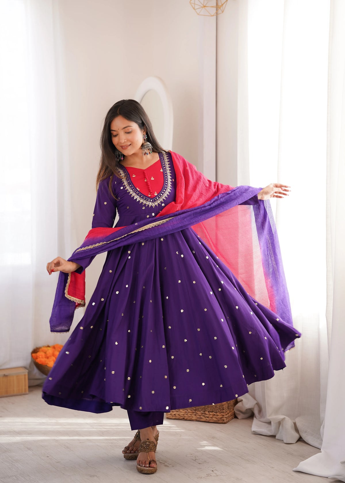 Premium Roman Silk Anarkali Gown with Embroidery, Sequin & Real Mirror Work