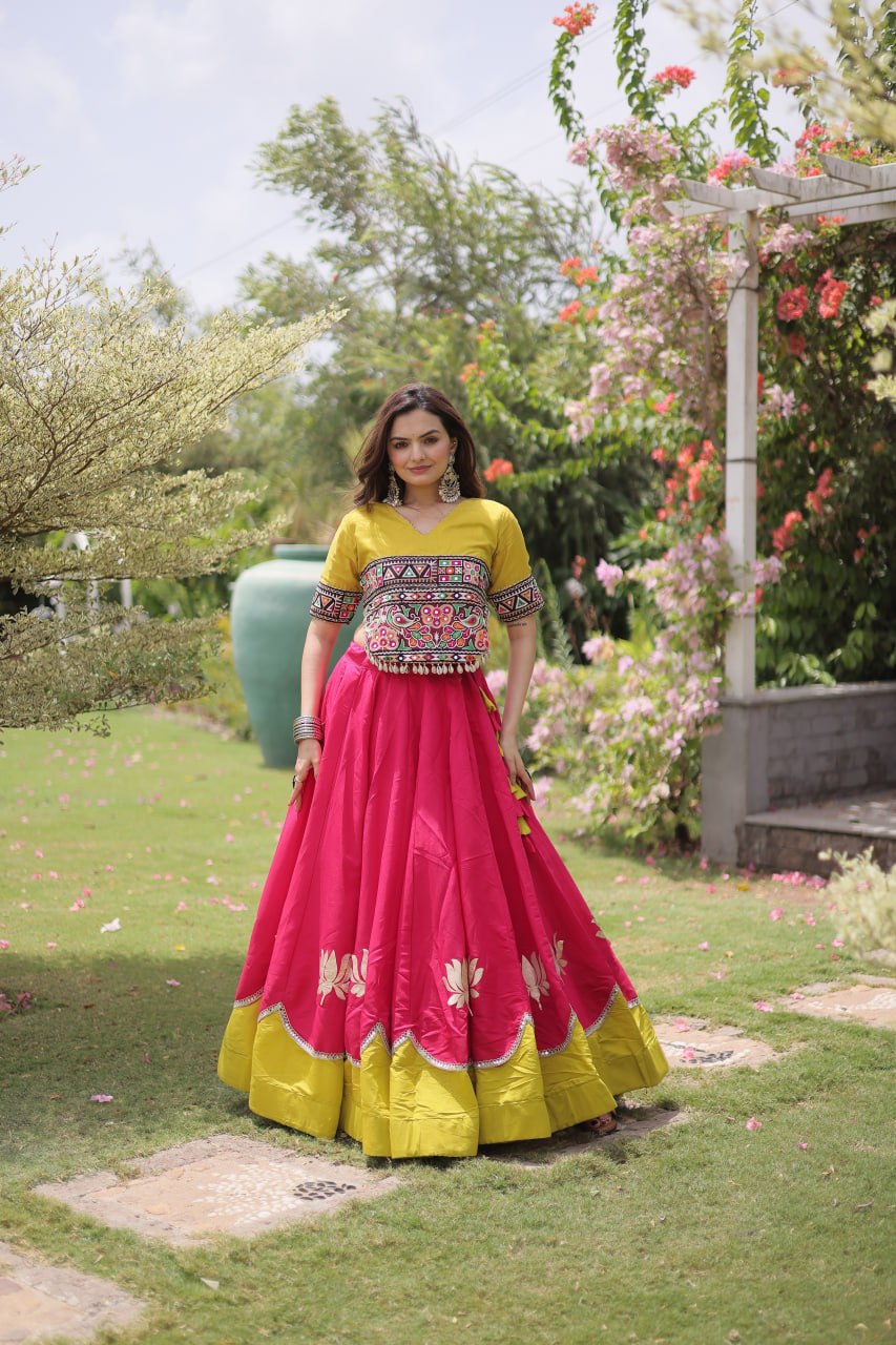 Premium Roman Fabric Navratri Lehenga Choli with Gota & Mirror Work