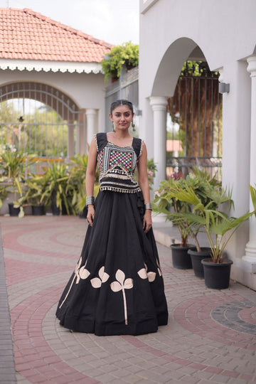 Premium Roman Silk Navratri Lehenga Choli with Pan-Patti Gota & Mirror Lace Work