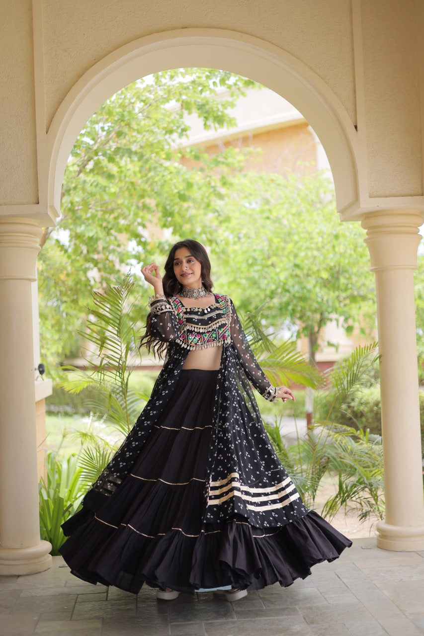 Premium Kora Cotton Navratri Lehenga with Bandhani Print & Kutchi Patchwork Kurti