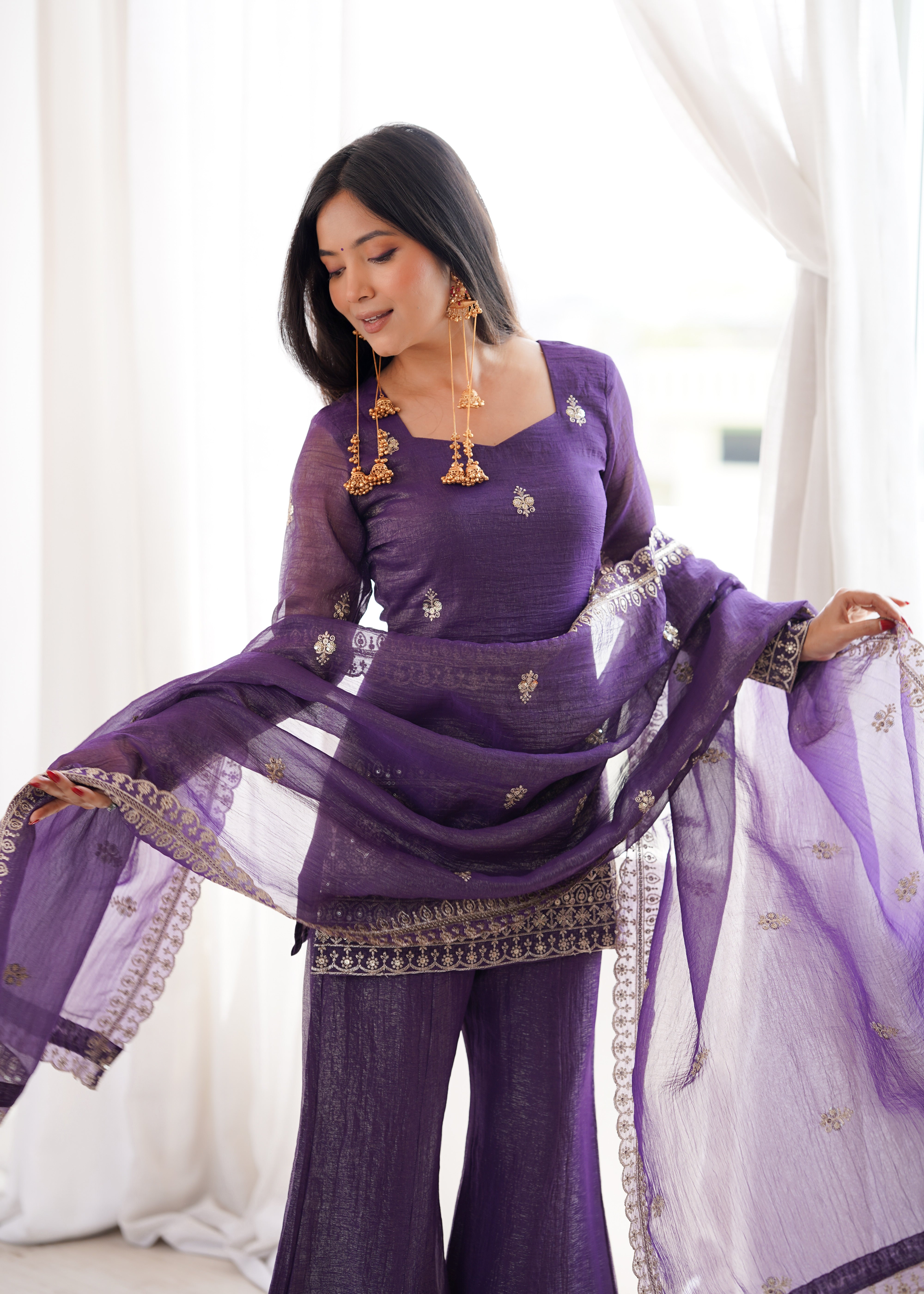 Premium Crunchy Silk Embroidered Bell Bottom Set
