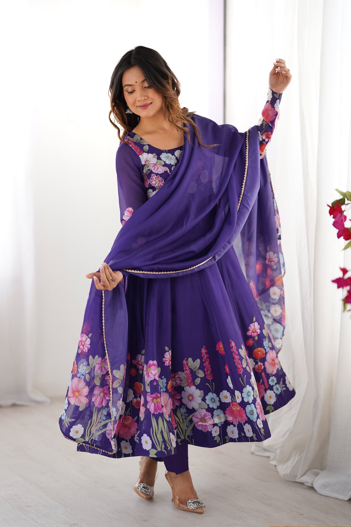 Premium Organza Silk Printed Anarkali Suit Set with Badla Jari & Gota Patti Work