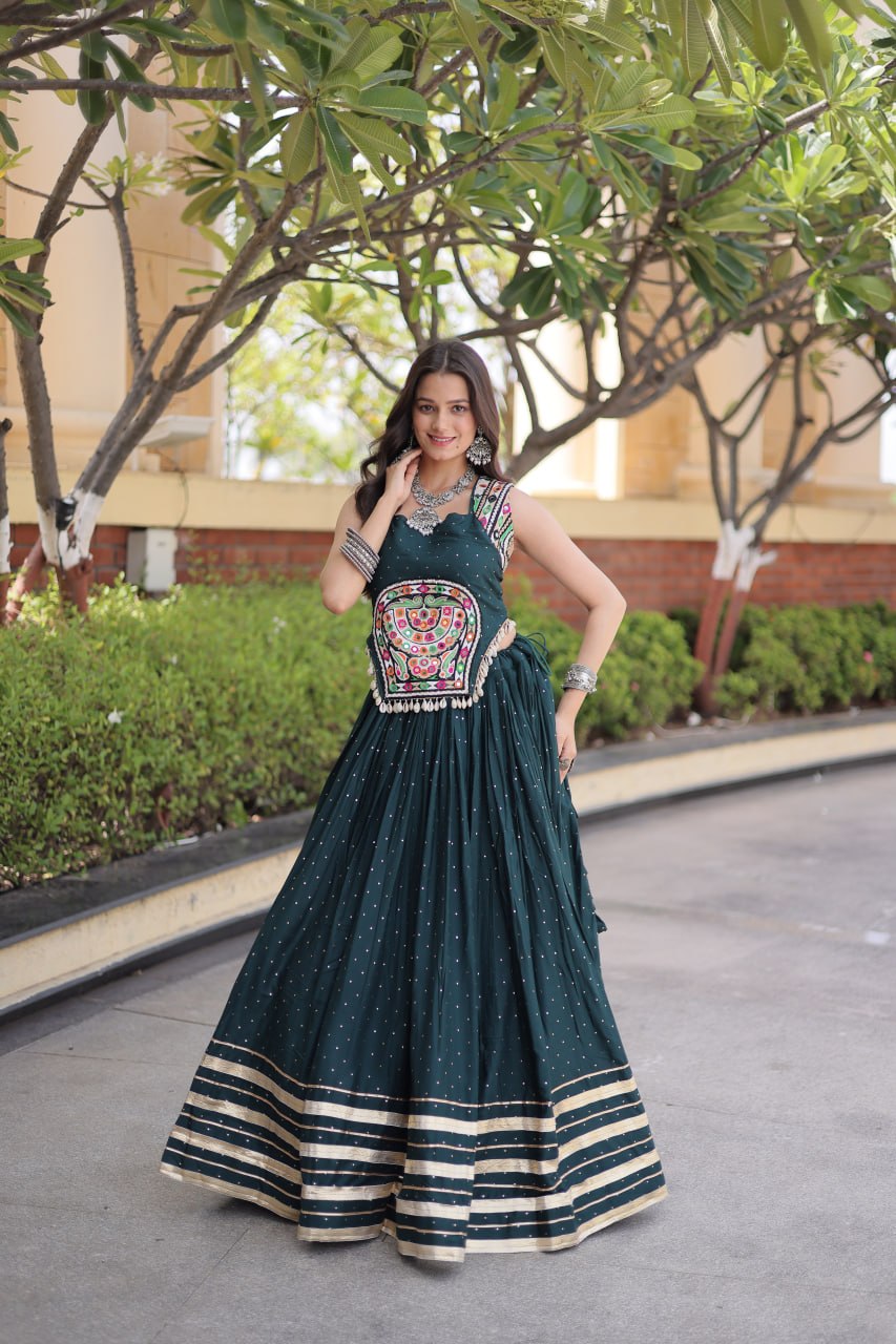 Reyon Navratri Lehenga Choli with Mukesh & Gamthi Mirror Work
