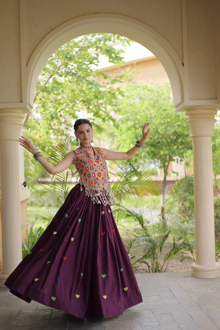 Premium Cora Cotton Navratri Lehenga Choli with Heart Thread Embroidery & Gamthi Mirror Work