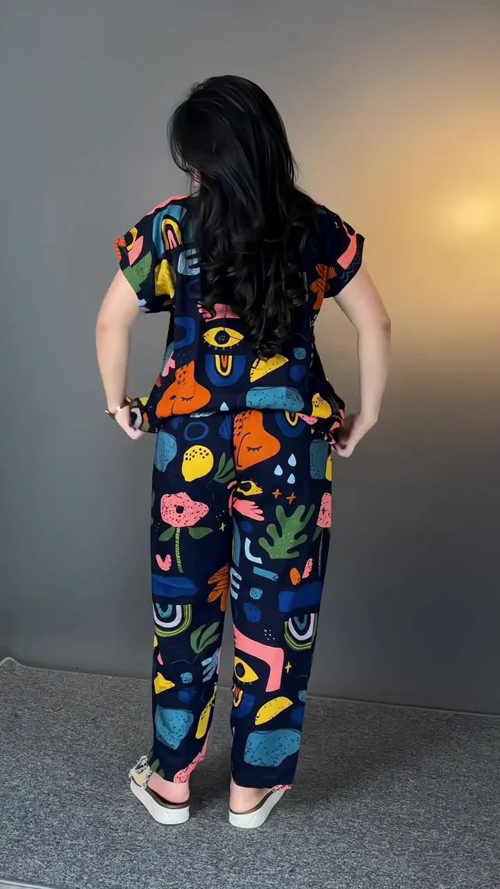 Designer Printed Lycra Co-Ord Set for Women | Premium Abstract Print Matching Set