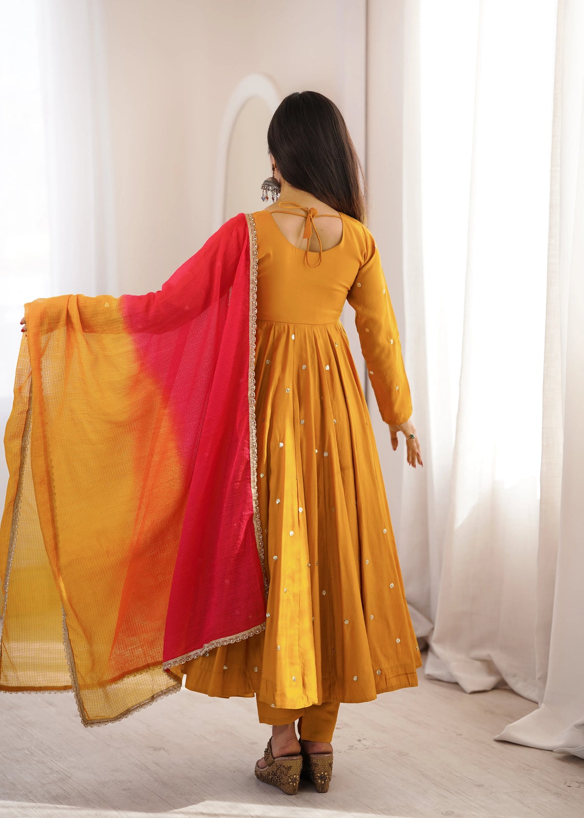 Premium Roman Silk Anarkali Gown with Embroidery, Sequin & Real Mirror Work
