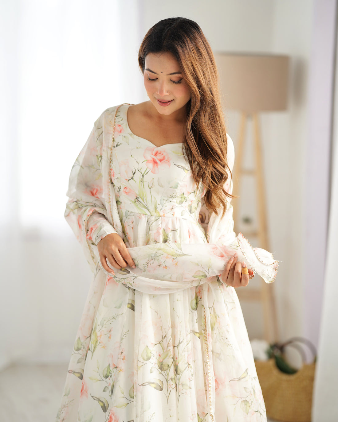 Premium Organza Silk Printed Anarkali Gown with Kali Flare, Canvas Patta & Gota Patti Dupatta