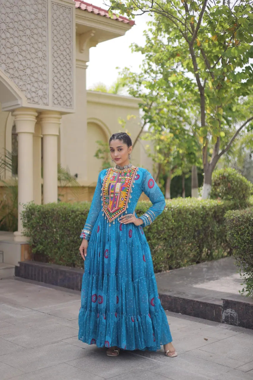Premium Faux Georgette Navratri Gown with Bandhani Print & Kutchi Patchwork
