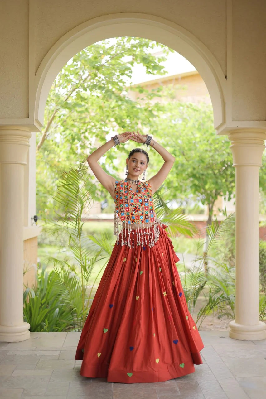 Premium Cora Cotton Navratri Lehenga Choli with Heart Thread Embroidery & Gamthi Mirror Work