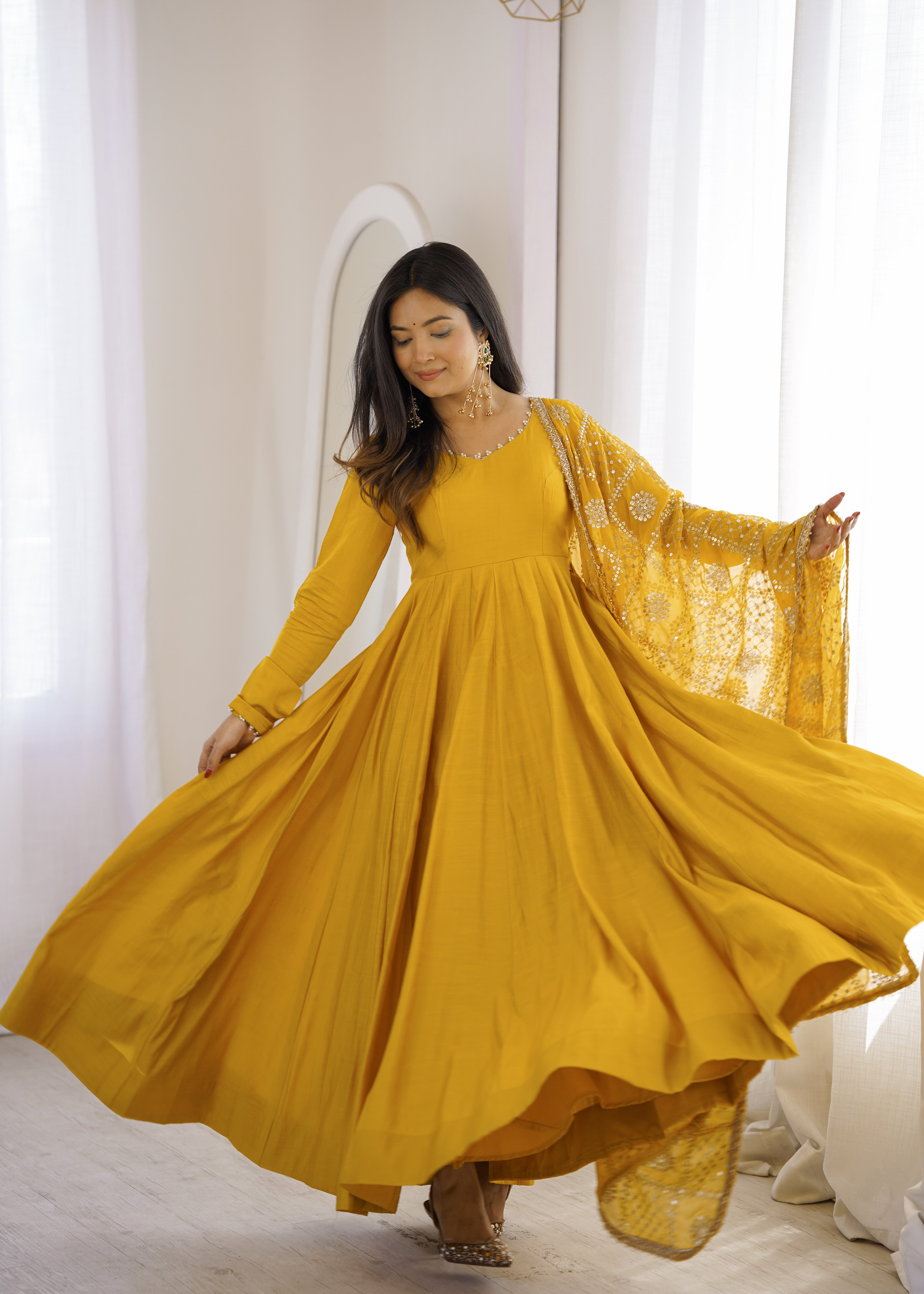 Premium Pure Romansilk Chanderi Fully Flared Anarkali Gown Set