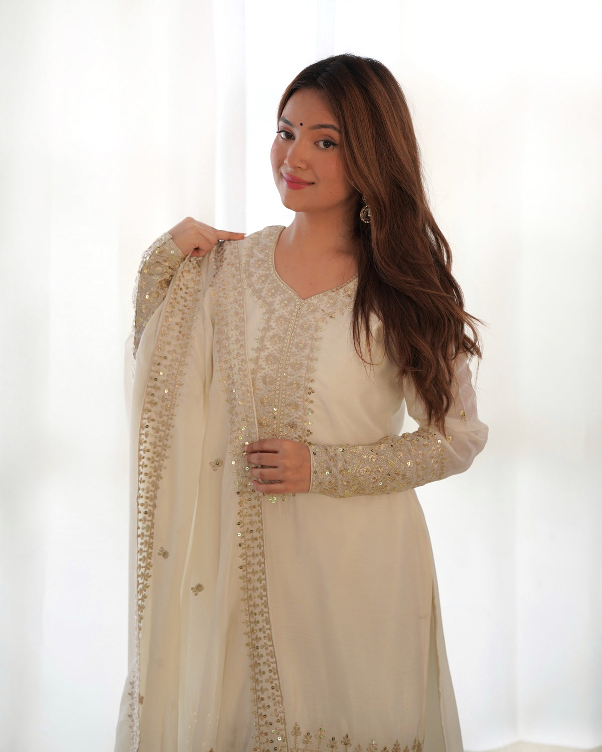 Premium Chinon Silk Straight Fit Kurta Set with Embroidery, Sequin & Jari Work