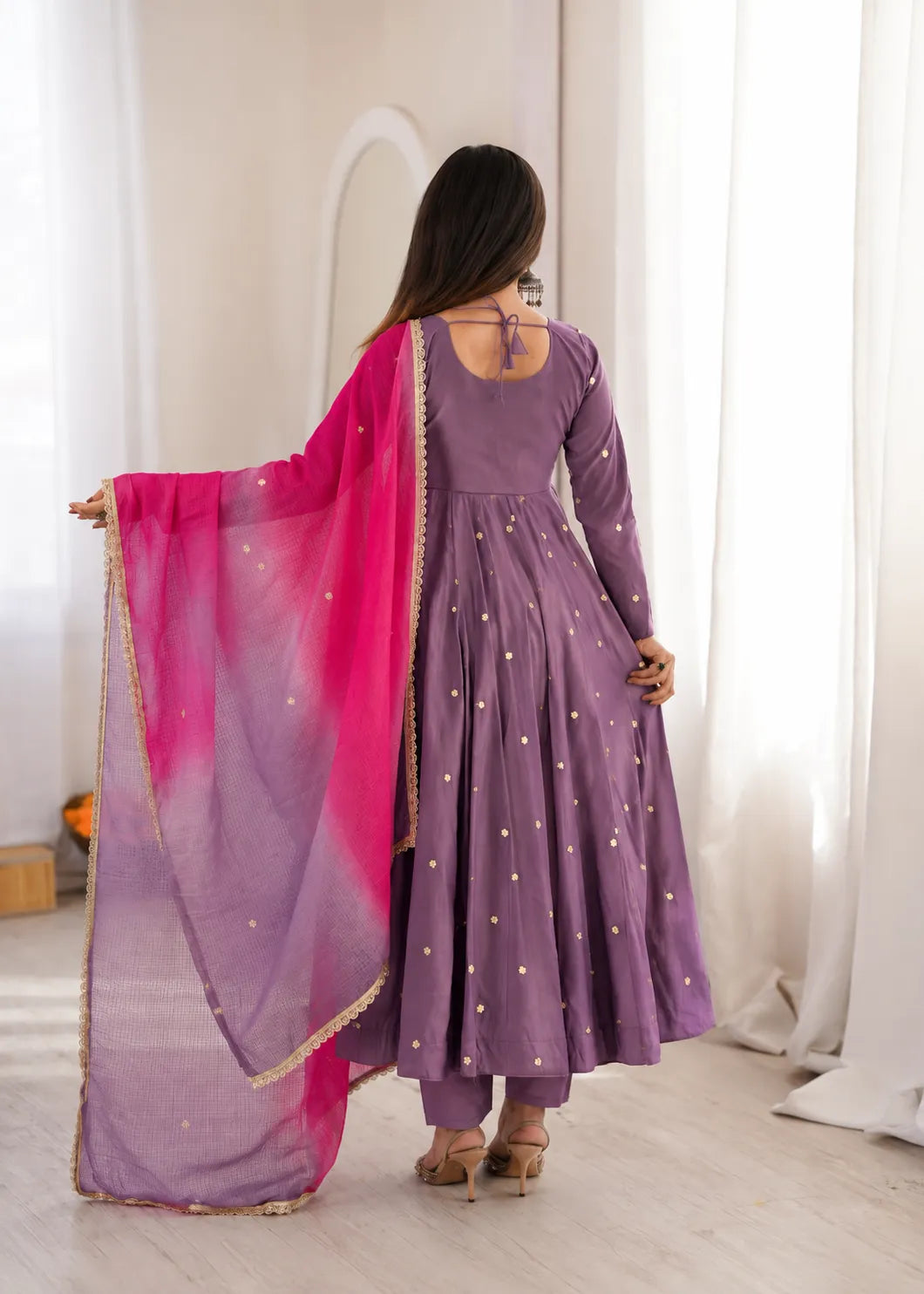 Premium Roman Silk Anarkali Gown with Embroidery, Sequin & Real Mirror Work