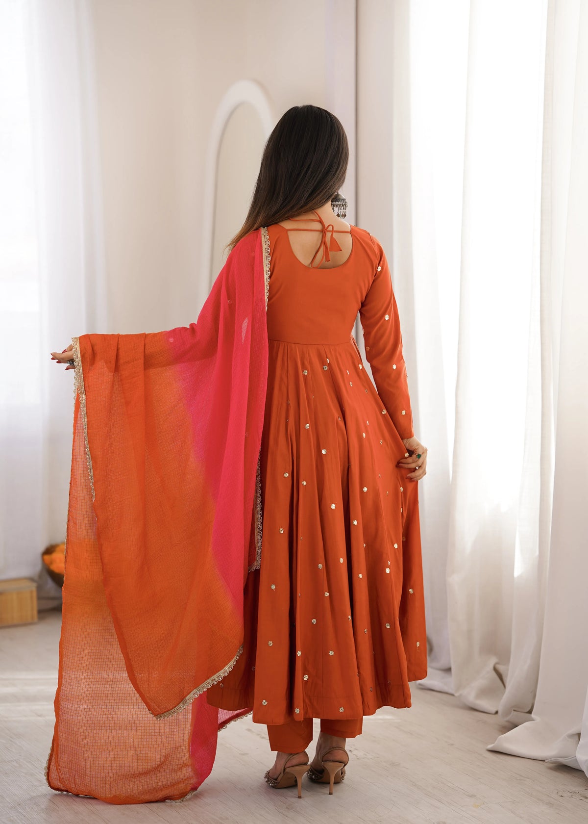 Premium Roman Silk Anarkali Gown with Embroidery, Sequin & Real Mirror Work