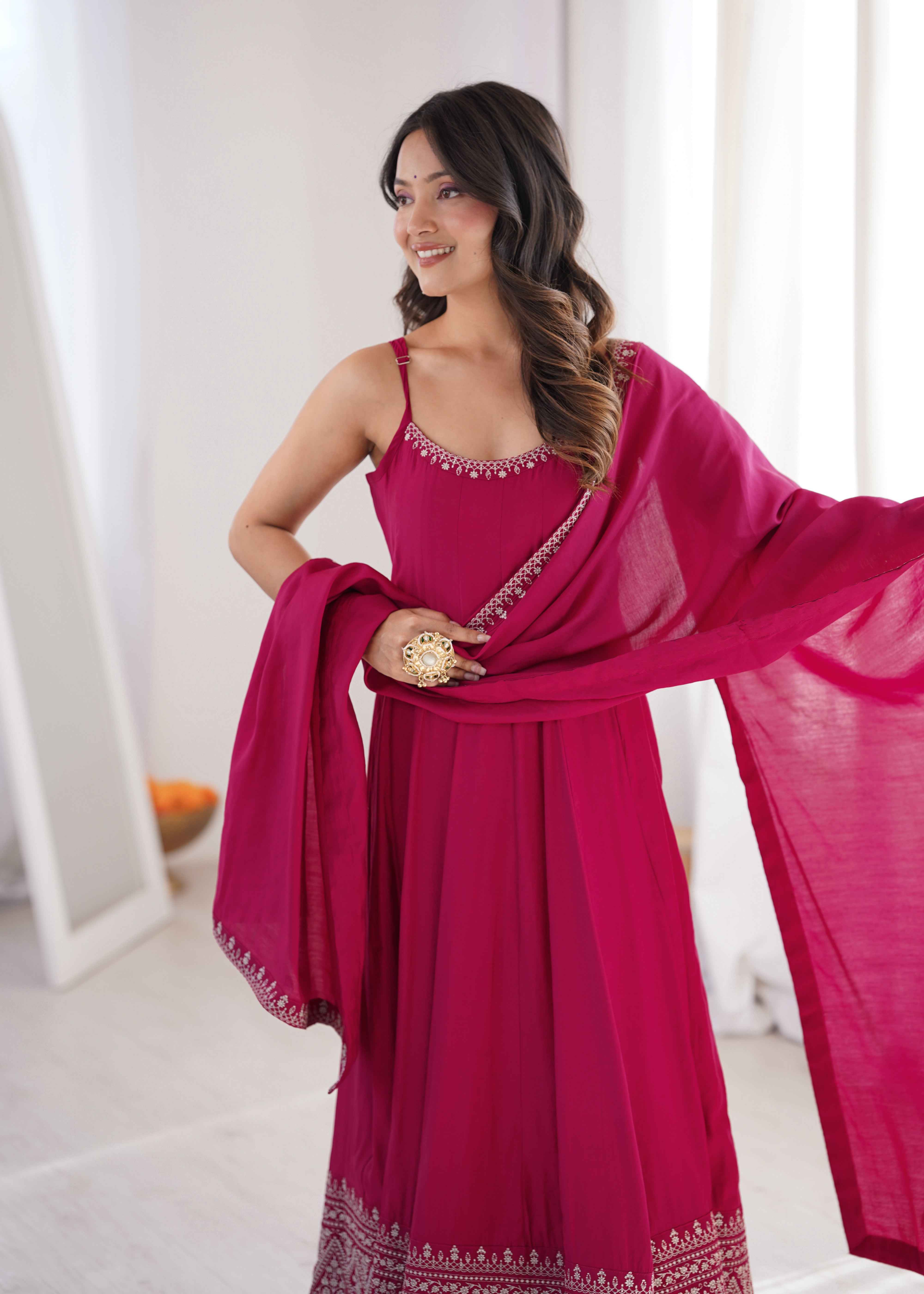 Premium Pure Romansilk Chanderi Flared Anarkali Gown Set