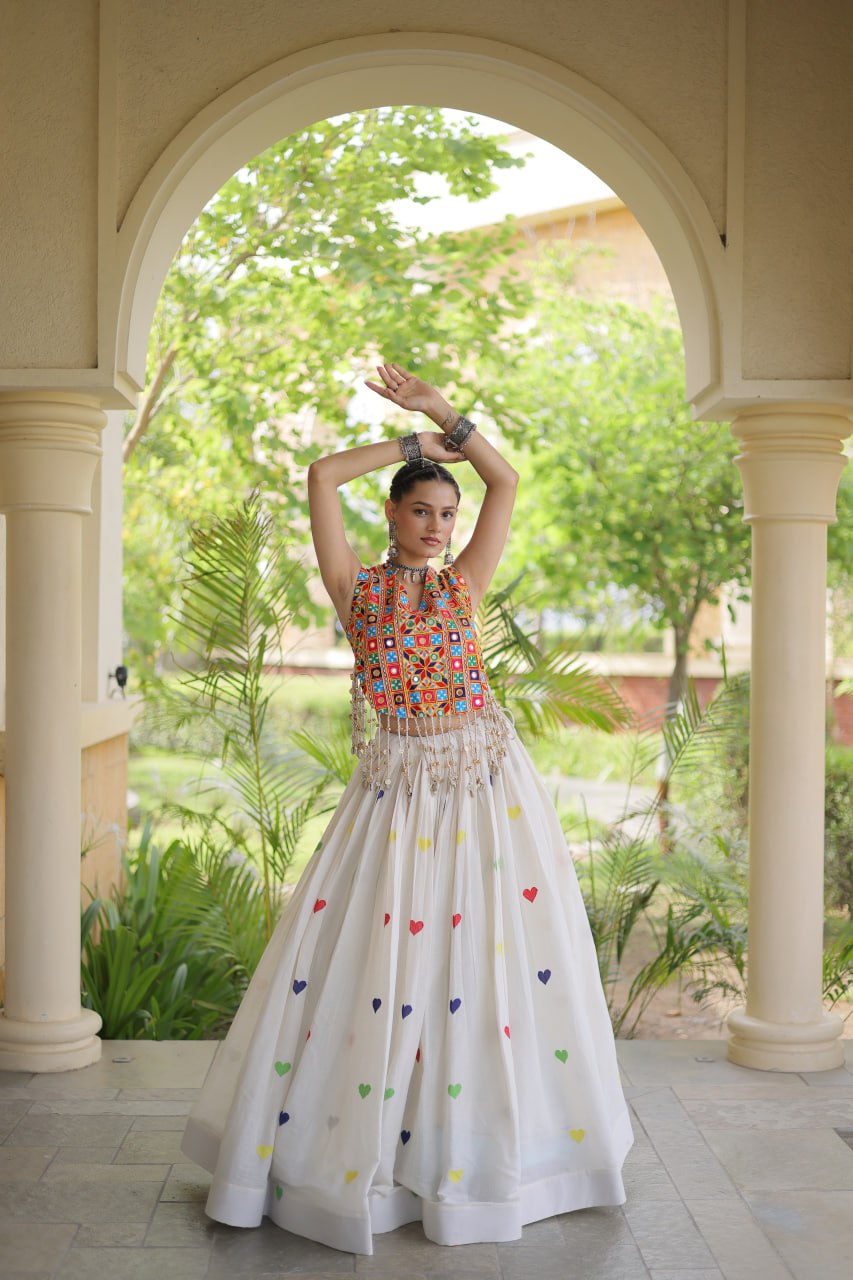 Premium Cora Cotton Navratri Lehenga Choli with Heart Thread Embroidery & Gamthi Mirror Work