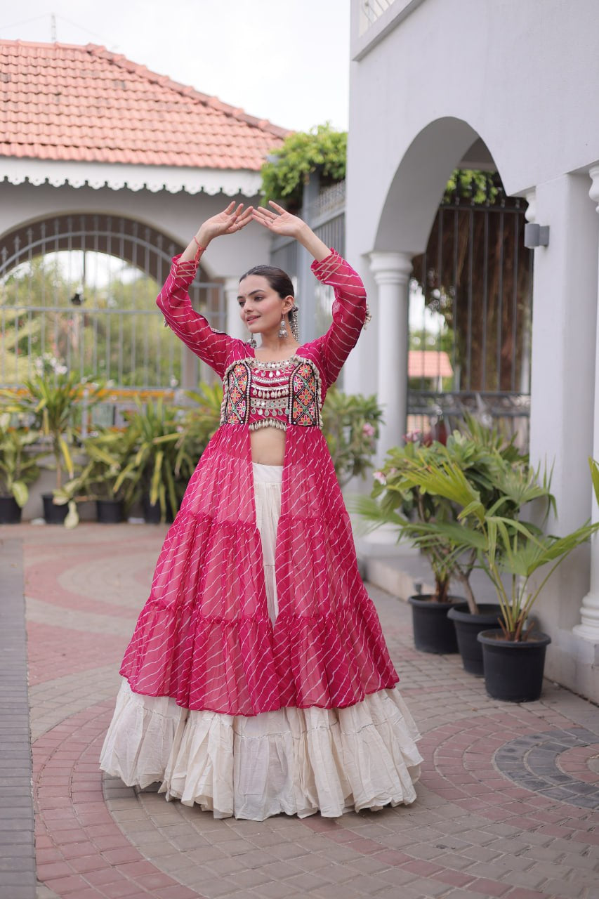Premium Kora Cotton Navratri Lehenga with Laheriya Print & Kutchi Patchwork Kurti