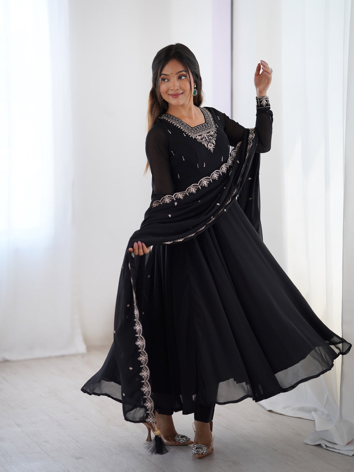 Premium Fox Georgette Anarkali Suit with Beads, Jari Work, 6.5 Meter Flair & Embellished Dupatta