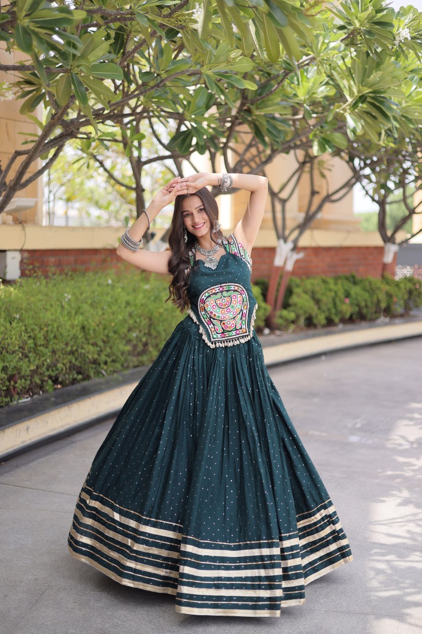 Reyon Navratri Lehenga Choli with Mukesh & Gamthi Mirror Work
